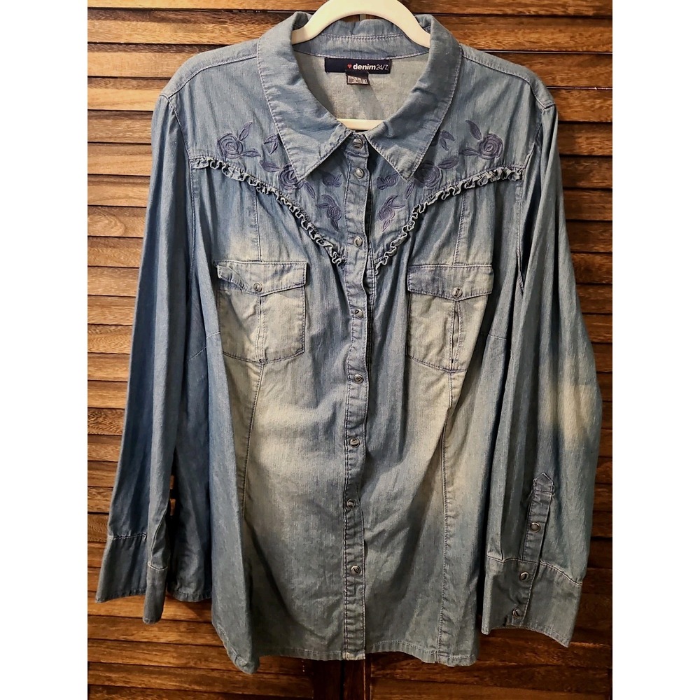 Denim 24/7 Plus XXL Embroidered Denim Shirt Pearl Snap Ruffle Western Yoke #868